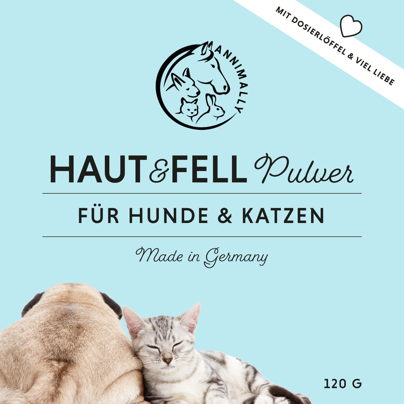Etikett von unserem Haut- & Fellpflege Pulver für Katzen & Hunde